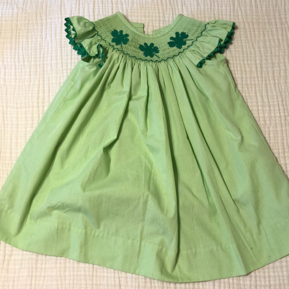 Green Gingham Smocked Clover/Shamrock dress